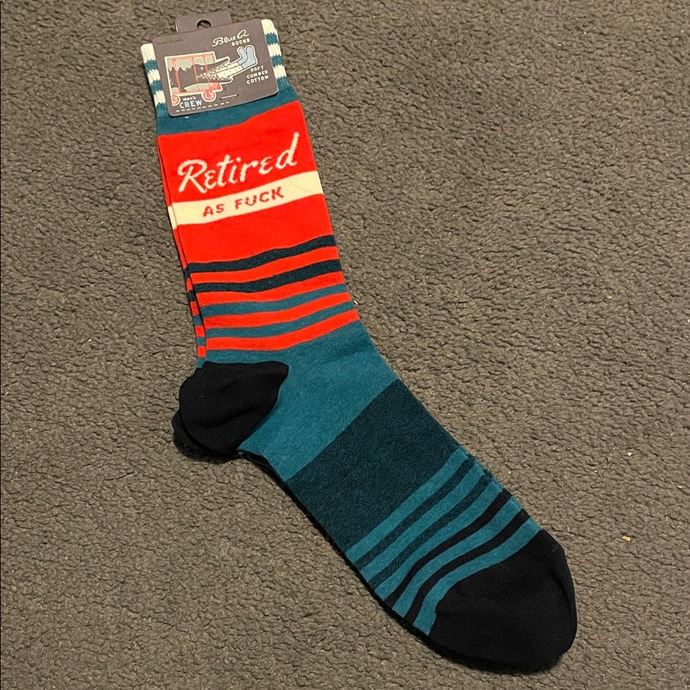 Blue Q Retired As F*** Striped Socks - Red and Teal